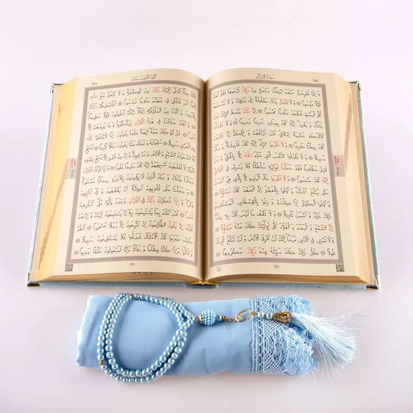 Şal + Tesbih + Kuran Hediye Seti (Hafız Boy, Kadife, Şems Lafzatullah, Açık Mavi) - Resim 4