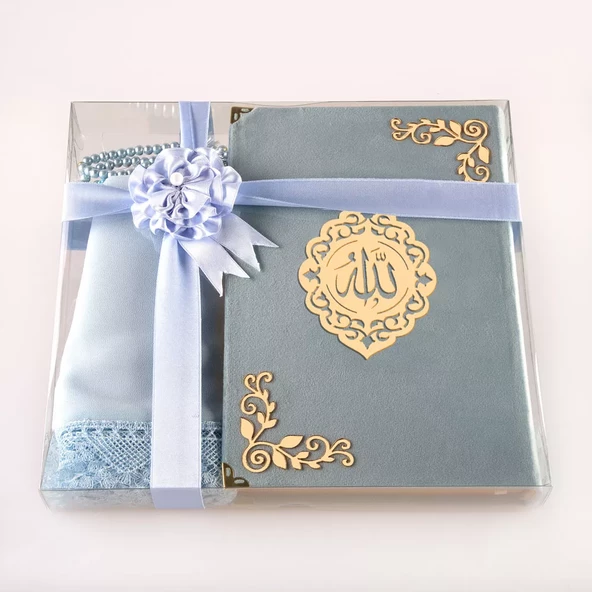 Şal + Tesbih + Kuran Hediye Seti (Hafız Boy, Kadife, Şems Lafzatullah, Açık Mavi) - Resim 2