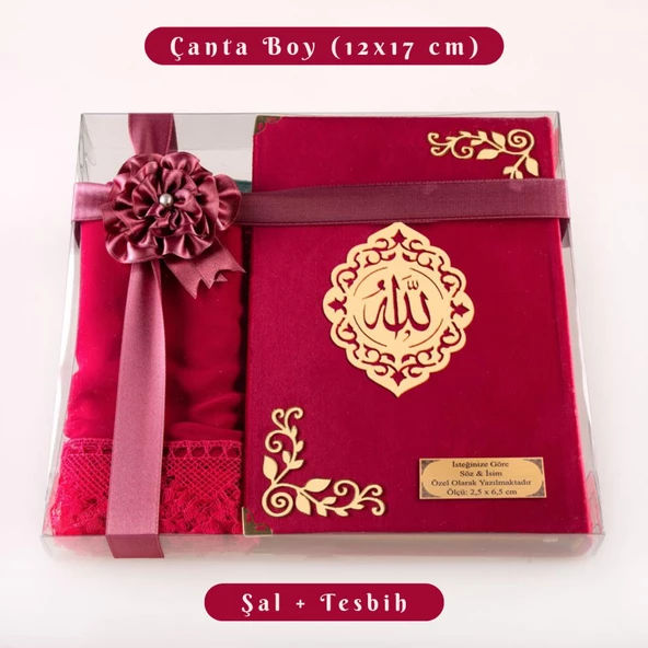 Şal + Tesbih + Kuran Hediye Seti (Çanta Boy, Kadife, Şems Lafzatullah, Fuşya Pembe) ürün görseli 1