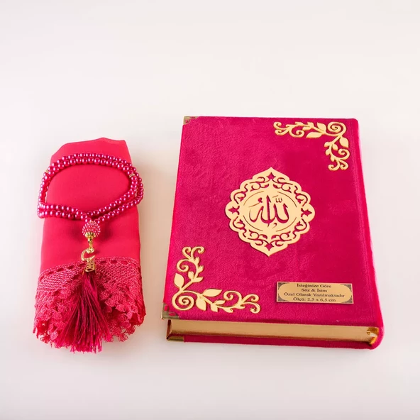 Şal + Tesbih + Kuran Hediye Seti (Çanta Boy, Kadife, Şems Lafzatullah, Fuşya Pembe) - Resim 3