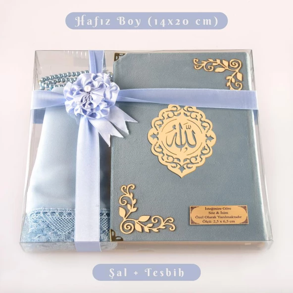 Şal + Tesbih + Kuran Hediye Seti (Hafız Boy, Kadife, Şems Lafzatullah, Açık Mavi) ürün görseli 1