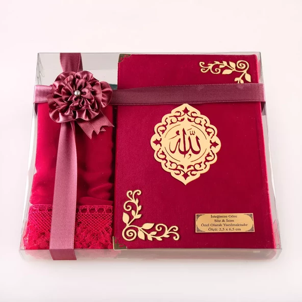 Şal + Tesbih + Kuran Hediye Seti (Çanta Boy, Kadife, Şems Lafzatullah, Fuşya Pembe) - Resim 2