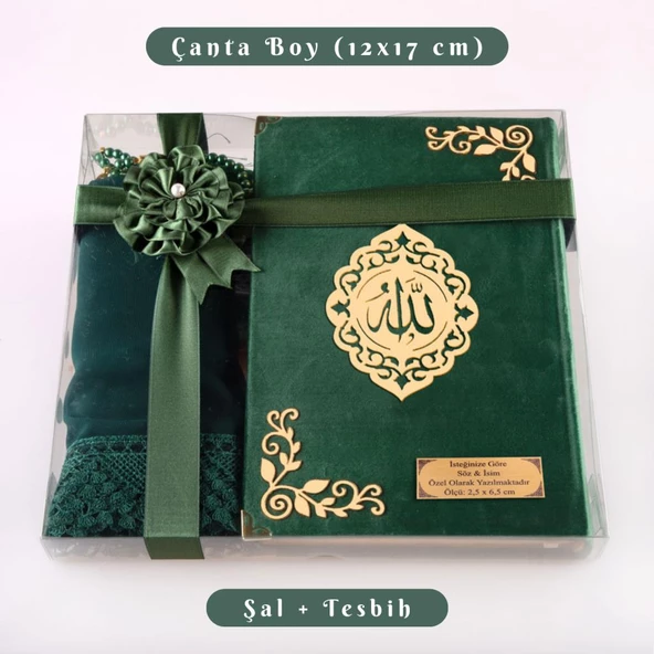 Şal + Tesbih + Kuran Hediye Seti (Çanta Boy, Kadife, Şems Lafzatullah, Zeytin Yeşili) ürün görseli 1