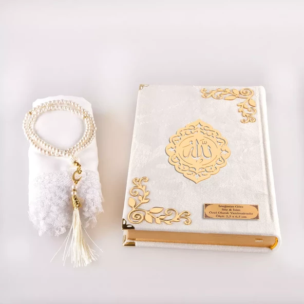 Şal + Tesbih + Kuran Hediye Seti (Hafız Boy, Kadife, Şems Lafzatullah, Beyaz) - Resim 3