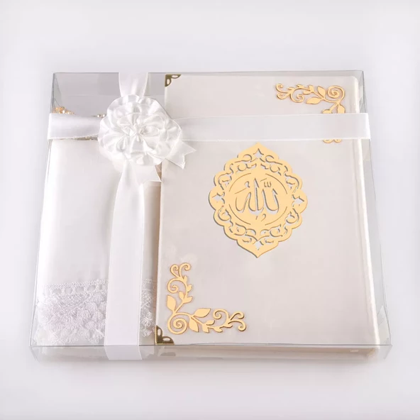 Şal + Tesbih + Kuran Hediye Seti (Hafız Boy, Kadife, Şems Lafzatullah, Beyaz) - Resim 2