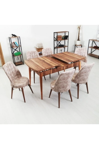 Akay Home Sena 6 Kişilik Krem Açılır Ahşap Mutfak Masası Yemek Masa Sandalye Takımı - 3