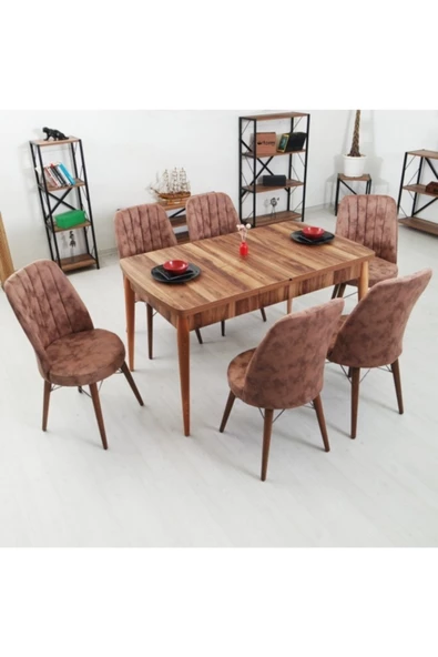 Akay Home Sena 6 Kişilik Kahverengi Açılır Ahşap Mutfak Masası Yemek Masa Sandalye Takımı - 2