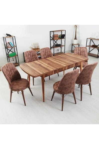 Akay Home Sena 6 Kişilik Kahverengi Açılır Ahşap Mutfak Masası Yemek Masa Sandalye Takımı - 4