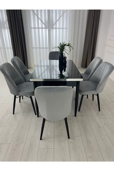 Kristal Evim Açılabilir Yemek Masası Takımı Mdf Masa Takımı Siyah Mermer Desenli Yemek Masası - 3