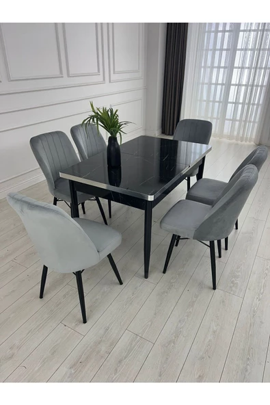 Kristal Evim Açılabilir Yemek Masası Takımı Mdf Masa Takımı Siyah Mermer Desenli Yemek Masası - 2