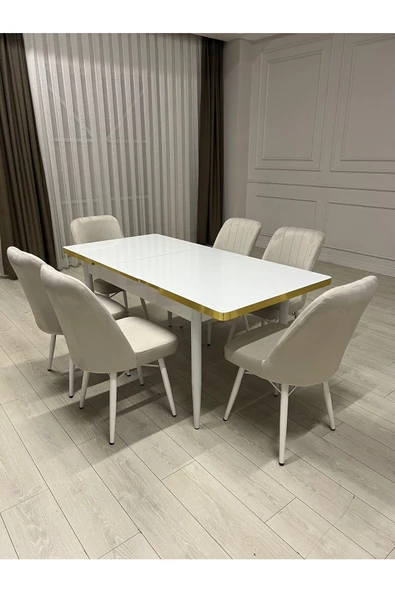 Kristal Evim Açılabilir Yemek Masası Takımı Mdf Masa Takımı Beyaz Gold Salon Ve Mutfak Masası Takımı Bgl009 - 3