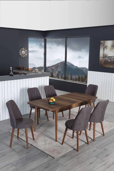 Lion 170X80 Barok Ceviz Açılır Yemek Ve Mutfak Masa Takımı 6 Sandalyeli