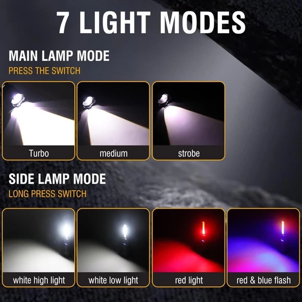 Çok Fonksiyonlu El Feneri 480000 Lümen Şarj Edilebilir Süper Parlak LED Taktik Flaş Işığı - Kırmızı Mavi Yan Işık Klipsi ile 7 Modlu USB-C Siyah - 2