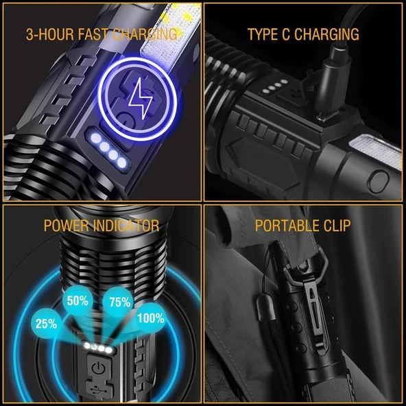 Çok Fonksiyonlu El Feneri 480000 Lümen Şarj Edilebilir Süper Parlak LED Taktik Flaş Işığı - Kırmızı Mavi Yan Işık Klipsi ile 7 Modlu USB-C Siyah - 3