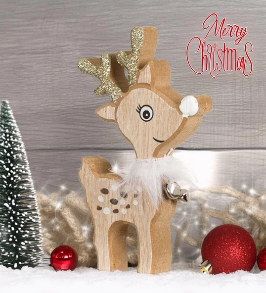 Yılbaşı Süsü Dekoratif Çıngıraklı Ahşap Geyik Biblo Figür - 15 cm - 3