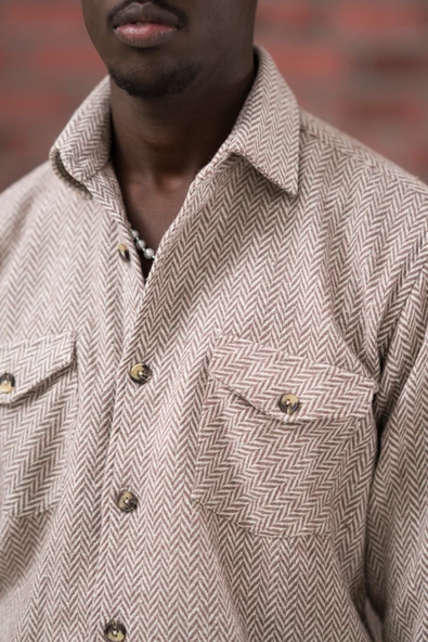 Modtime Oversize (Bol Kesim) Balıksırtı Desenli Çift Cepli Oduncu Gömlek - Resim 12