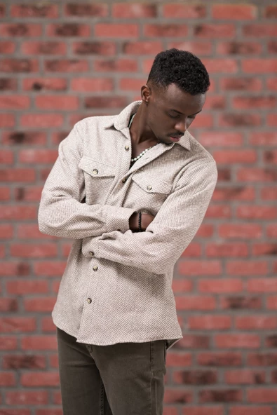 Modtime Oversize (Bol Kesim) Balıksırtı Desenli Çift Cepli Oduncu Gömlek - Resim 8