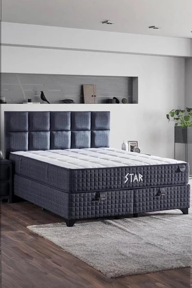 Niron  Star Yatak Seti 120x200 cm Tek Kişilik Yaylı Sert Ortopedik Yatak Antrasit Lüks Baza Başlık Takımı