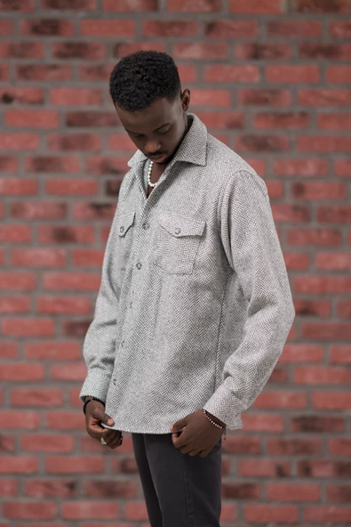 Modtime Oversize (Bol Kesim) Balıksırtı Desenli Çift Cepli Oduncu Gömlek - Resim 4