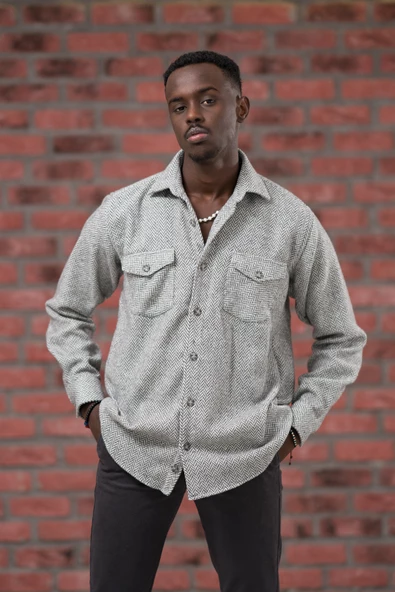 Modtime Oversize (Bol Kesim) Balıksırtı Desenli Çift Cepli Oduncu Gömlek - Resim 3