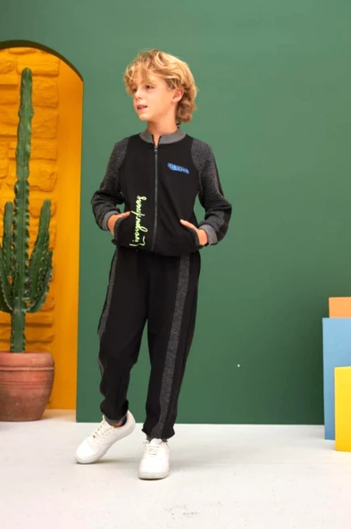 Erkek Çocuk Triko Detaylı Fermuarlı Eşofman Takımı - 5