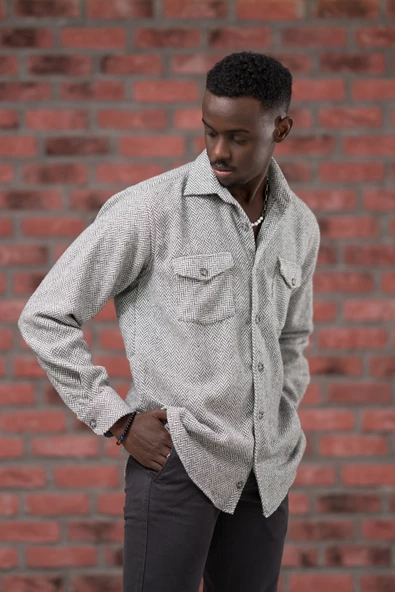 Modtime Oversize (Bol Kesim) Balıksırtı Desenli Çift Cepli Oduncu Gömlek - Resim 2