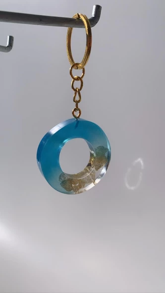 Deniz Mavisi Renk Gold Taşlı Gold Aksesuarlı O Harfi Şekil Epoksi Anahtarlık El Yapımı Hediyelik - 8