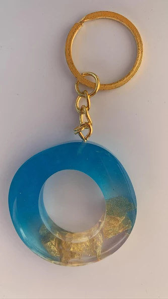 Deniz Mavisi Renk Gold Taşlı Gold Aksesuarlı O Harfi Şekil Epoksi Anahtarlık El Yapımı Hediyelik - 4