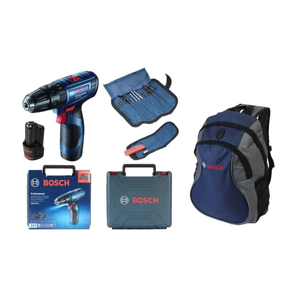 Bosch Professional Gsb 120-Lı 2X2ah Akülü Darbeli Delme/Vidalama + 23 Parça Set Ve Mavi Sırt Çantası