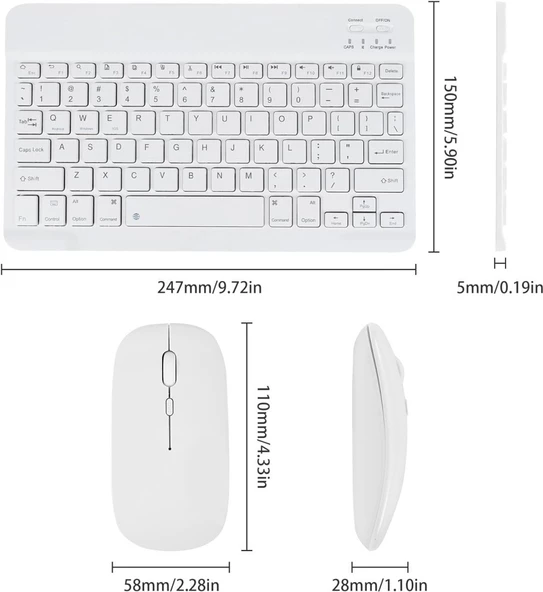 Lenovo Tablet M9 ZAC40070TR 9" Uyumlu Kablosuz Bluetooth Şarj Edilebilir Klavye Mouse Seti - Beyaz - 7