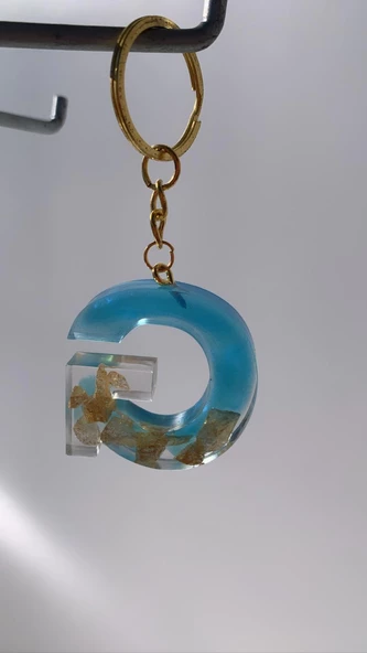 Deniz Mavisi Renk Gold Taşlı Gold Aksesuarlı G Harfi Şekil Epoksi Anahtarlık El Yapımı Hediyelik - Resim 2
