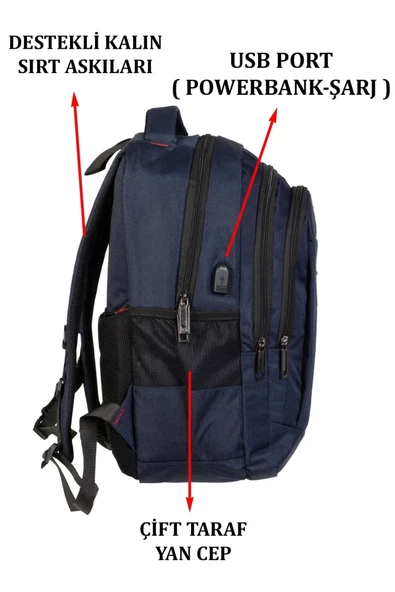 Lacivert Sportif Darbe Emici Su Geçirmez 14-16 inç Laptop Sırt Çantası - 6