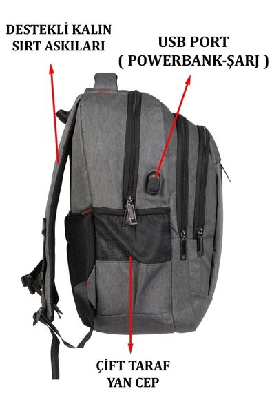 Gri Sportif Darbe Emici Su Geçirmez 14-16 inç Laptop Sırt Çantası - 7