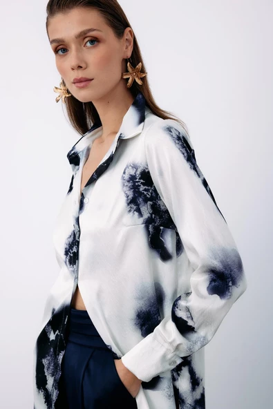 Desenli Geniş Klasik Gömlek - LACİVERT - Resim 5