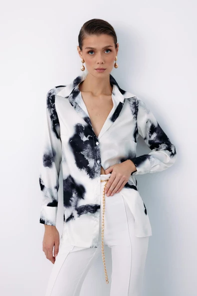 Desenli Geniş Klasik Gömlek - SİYAH - Resim 2