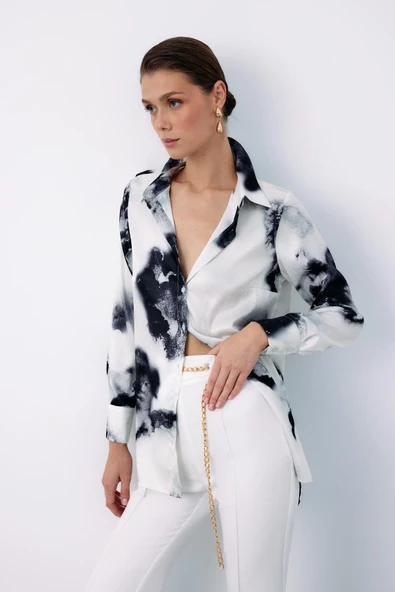 Desenli Geniş Klasik Gömlek - SİYAH - Resim 5