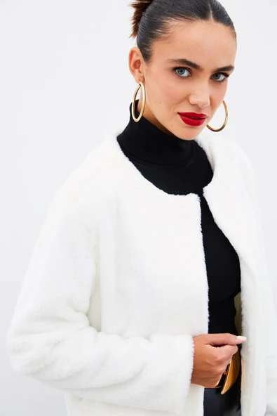 Yakasız Peluş Ceket - EKRU - 2