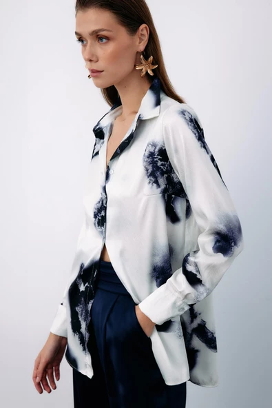 Desenli Geniş Klasik Gömlek - LACİVERT - Resim 3