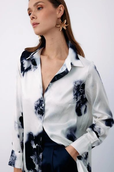 Desenli Geniş Klasik Gömlek - LACİVERT - Resim 4