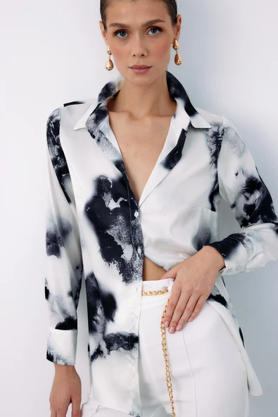 Desenli Geniş Klasik Gömlek - SİYAH - Resim 3