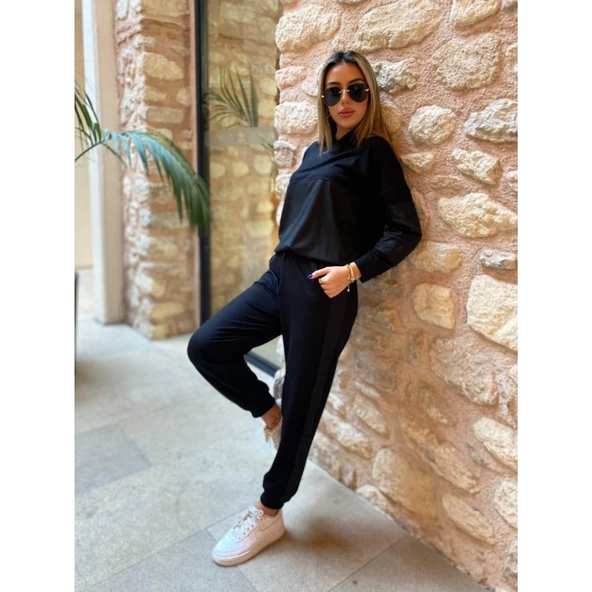 Lucky Life Kadın Uzun Kollu Kapüşonlu Oversize Sweat Ve Pantolon Ikili Takım - 8