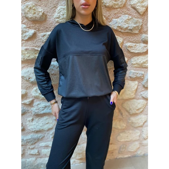 Lucky Life Kadın Uzun Kollu Kapüşonlu Oversize Sweat Ve Pantolon Ikili Takım - 7
