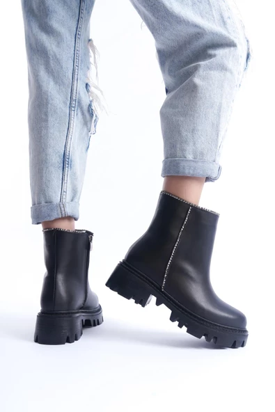 Kadın Kristal Taş İşlemeli Bot Kalın Taban Rahat Fermuarlı Günlük Kışlık Bot - Resim 3