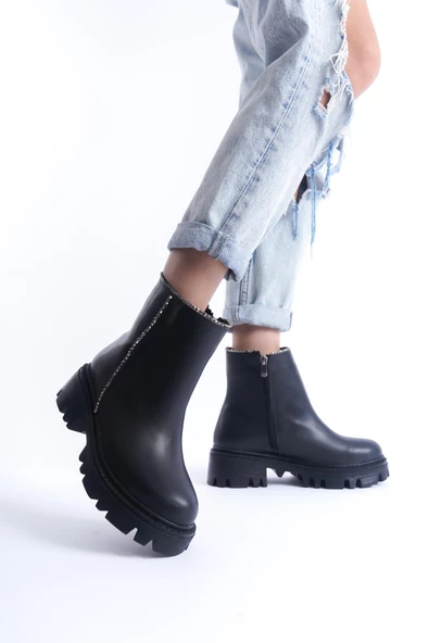 Kadın Kristal Taş İşlemeli Bot Kalın Taban Rahat Fermuarlı Günlük Kışlık Bot ürün görseli 1