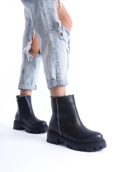 Kadın Kristal Taş İşlemeli Bot Kalın Taban Rahat Fermuarlı Günlük Kışlık Bot - Resim 2