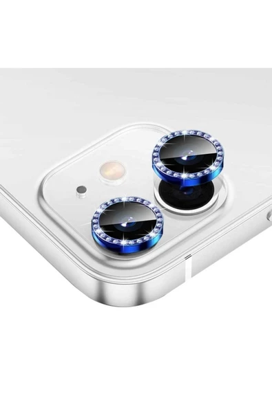 Ekoodukkan   Iphone 12 Mini Uyumlu Taşlı Kamera Lens Koruyucu Koyu Mavi