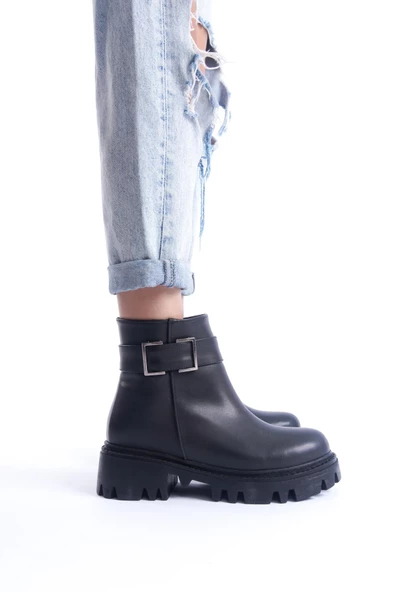 Kadın Fermuarlı Dekoratif Metal Toka Detaylı Kalın Taban Günlük Bot - 5