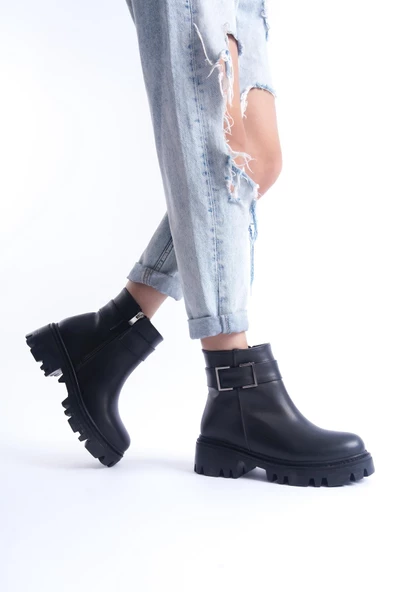 Kadın Fermuarlı Dekoratif Metal Toka Detaylı Kalın Taban Günlük Bot - 7