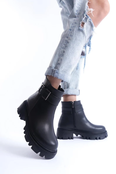 Kadın Fermuarlı Dekoratif Metal Toka Detaylı Kalın Taban Günlük Bot - 6