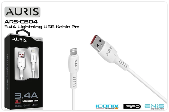 Data Ve Şarj Kablo İphone Lightning 2 Mt 3.4 Amper Auris ARS-CB04